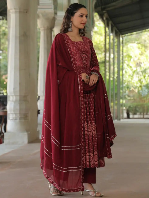 Women Panel Printed Maroon Anarkali Kurta With Trouser And Dupatta
